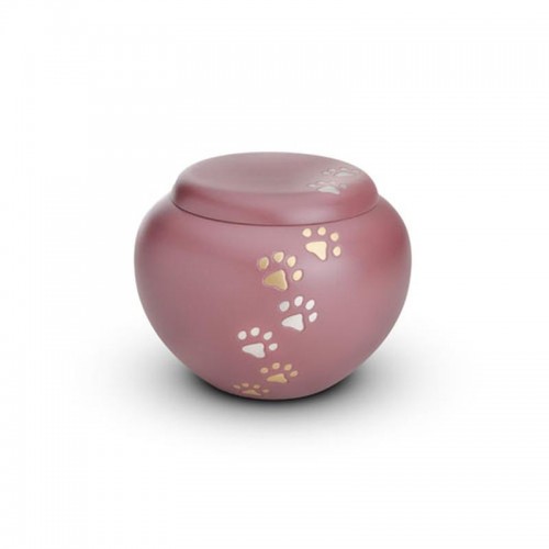 Brass - Rounded Pet Cremation Ashes Urn 1.5 Litres (Pink with Gold and Silver Pawprints)